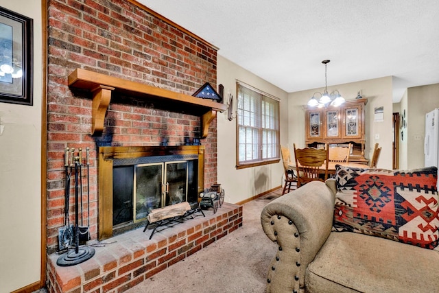 living room featuring carpet, a brick fireplace, a chandelier, and brick wall