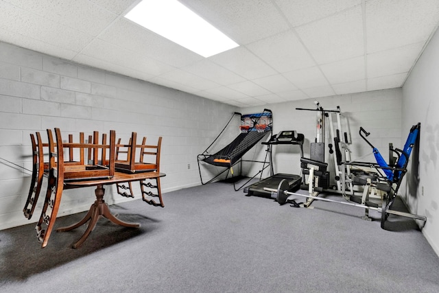 exercise room featuring carpet and a drop ceiling