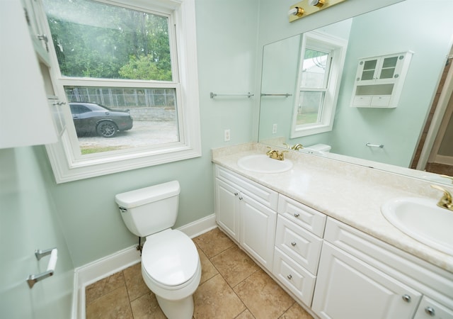 bathroom with plenty of natural light, toilet, and double vanity