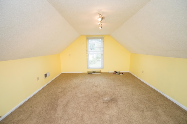 additional living space with a textured ceiling, light carpet, and lofted ceiling