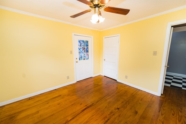 unfurnished bedroom with ceiling fan, hardwood / wood-style floors, and ornamental molding