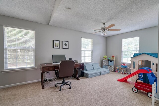 living room featuring ceiling fan, light carpet, a textured ceiling, and high vaulted ceiling