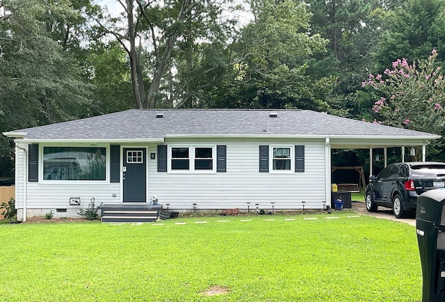 ranch-style home with a carport, a front lawn, crawl space, and a shingled roof