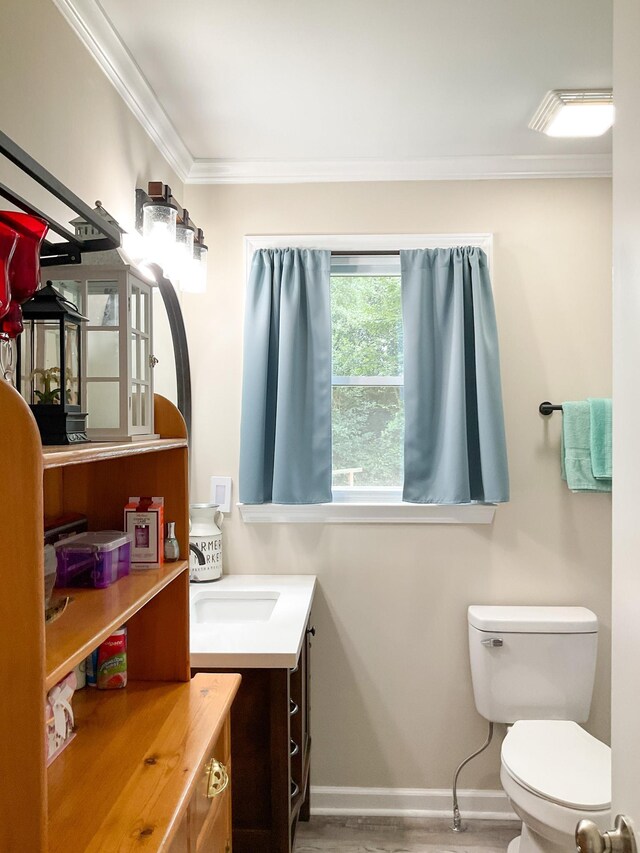 bathroom featuring toilet, vanity, and ornamental molding