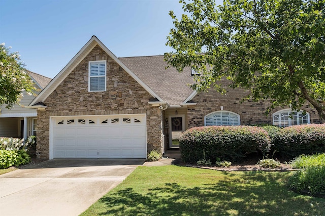 view of front of house with a garage and a front lawn