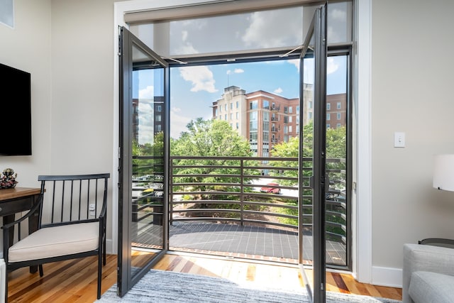 doorway to outside with light hardwood / wood-style flooring and a healthy amount of sunlight