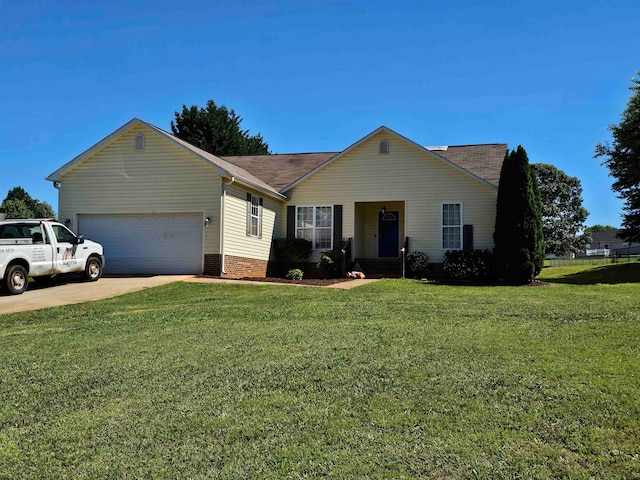 single story home featuring a garage and a front lawn