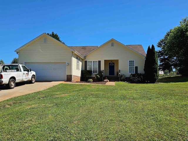 ranch-style house featuring a front lawn and a garage