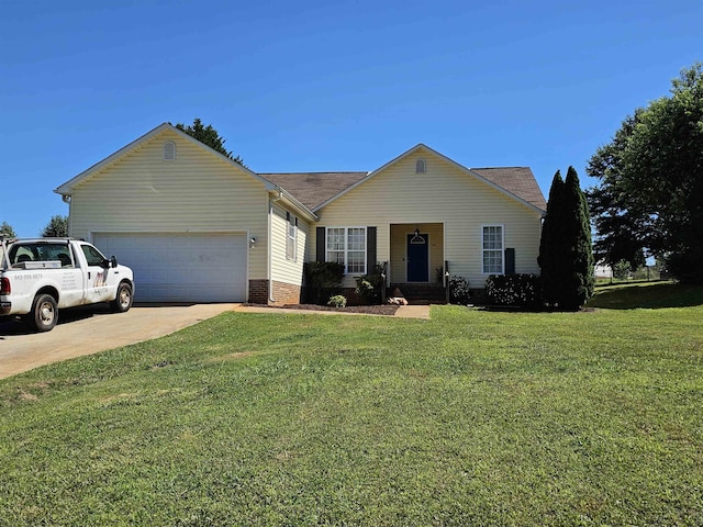 single story home featuring an attached garage, driveway, and a front yard