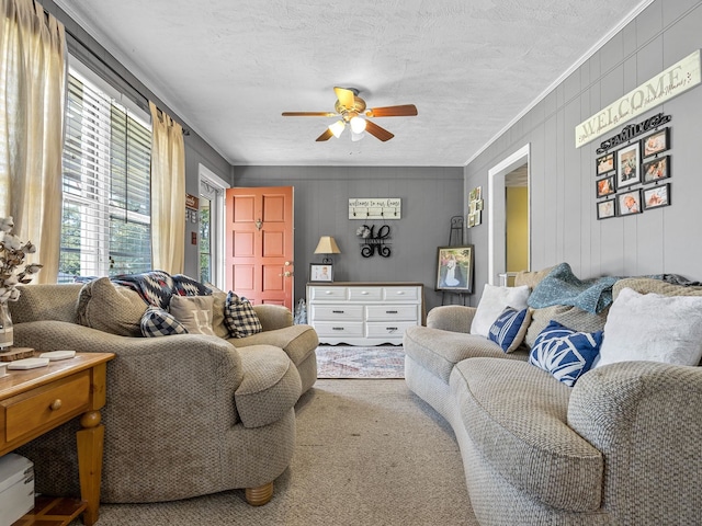 living room featuring ceiling fan, a textured ceiling, and carpet floors