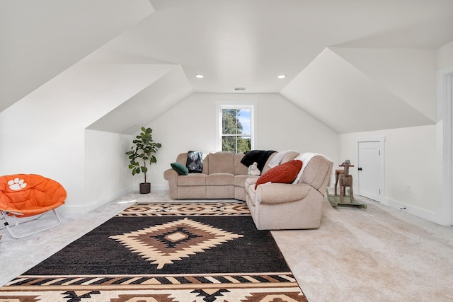 living area with visible vents, baseboards, lofted ceiling, carpet, and recessed lighting