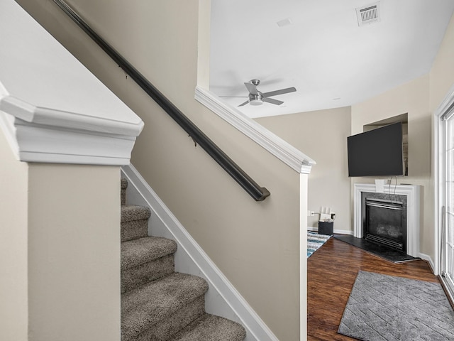 stairs with ceiling fan, a high end fireplace, and hardwood / wood-style floors