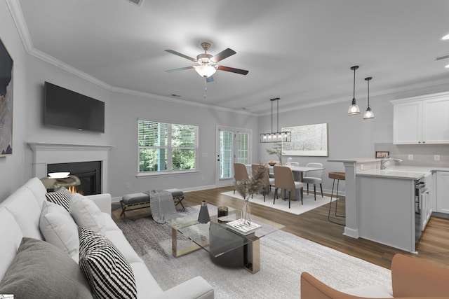 living area with baseboards, ornamental molding, dark wood-style flooring, and a glass covered fireplace