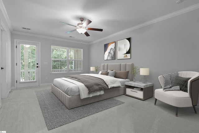 bedroom with ceiling fan, carpet floors, visible vents, baseboards, and crown molding