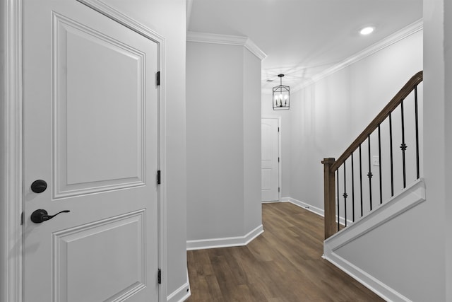 foyer featuring dark wood-style floors, ornamental molding, stairway, and baseboards