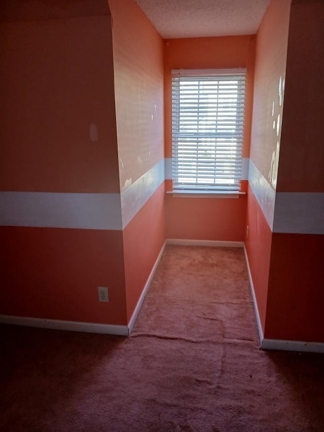 corridor with carpet floors and a textured ceiling