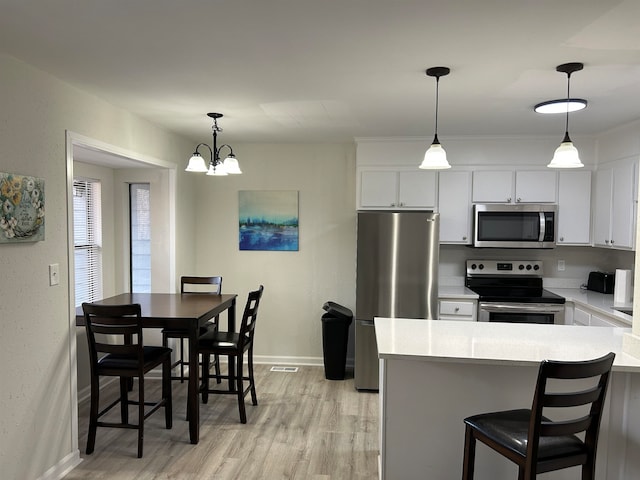 kitchen featuring light wood-type flooring, a chandelier, stainless steel appliances, and white cabinets