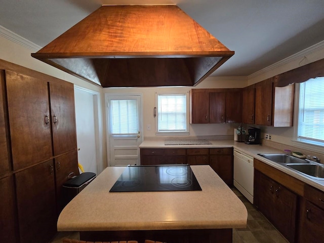 kitchen with white dishwasher, a center island, black electric stovetop, and premium range hood