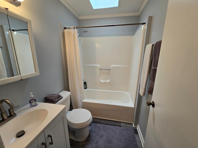 full bathroom with a skylight, crown molding, toilet, shower / bath combo with shower curtain, and vanity