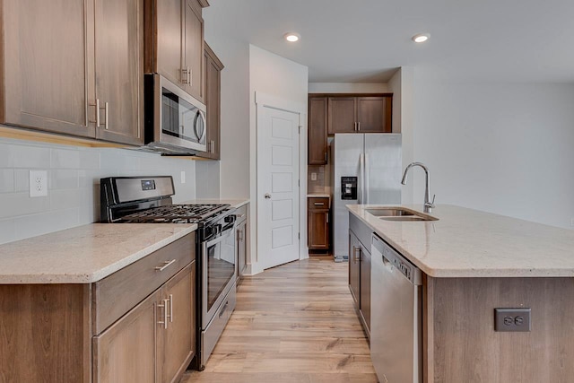 kitchen with backsplash, an island with sink, stainless steel appliances, sink, and light wood-type flooring