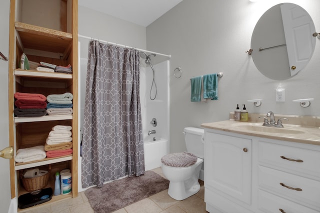 full bathroom featuring tile patterned floors, shower / bathtub combination with curtain, toilet, and vanity