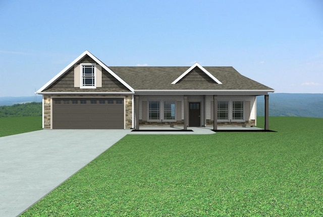 view of front of property with a shingled roof, concrete driveway, a garage, stone siding, and a front lawn