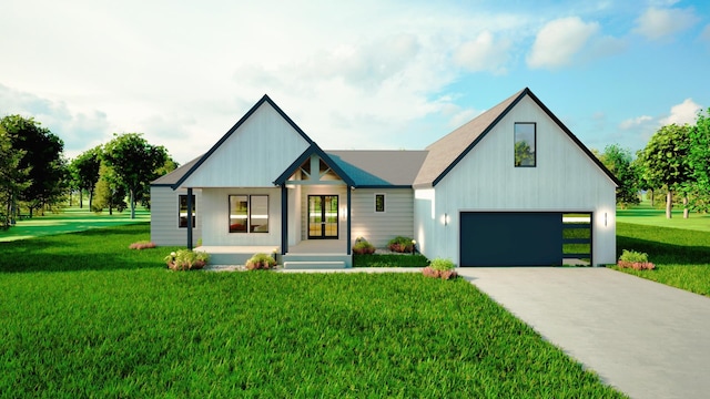 modern farmhouse with a garage, covered porch, driveway, and a front lawn