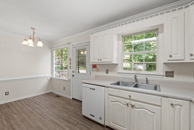 kitchen with white dishwasher, a healthy amount of sunlight, sink, and hanging light fixtures