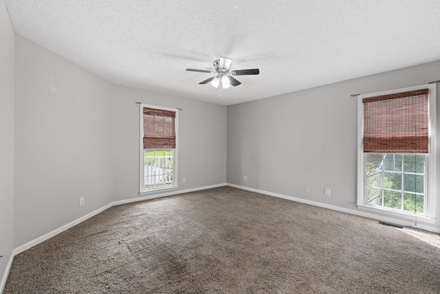 carpeted empty room with a wealth of natural light, ceiling fan, and a textured ceiling