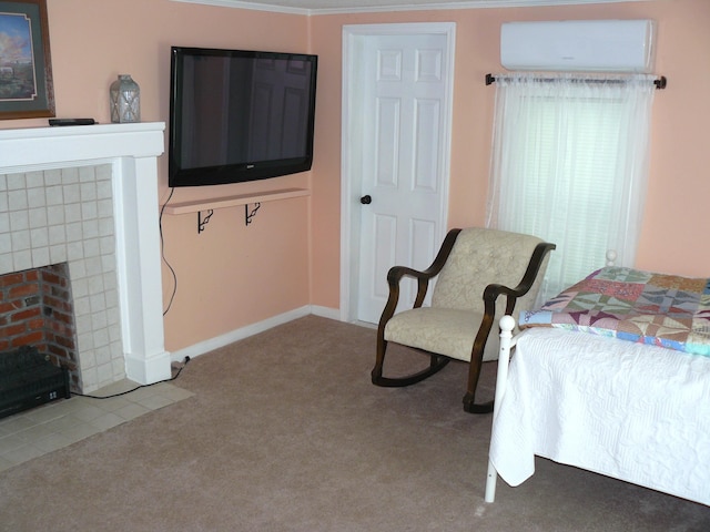 bedroom with crown molding, a fireplace, a wall unit AC, and carpet flooring