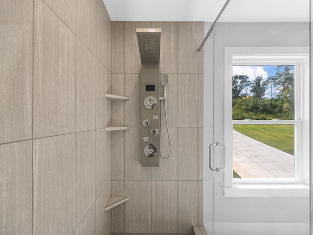 bathroom with a shower with shower door