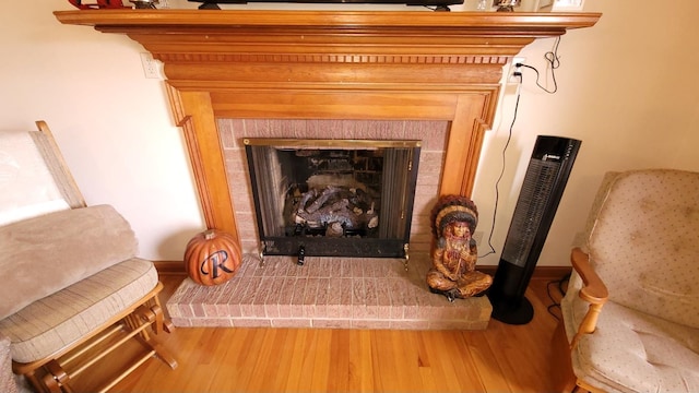 interior details with baseboards, wood finished floors, and a fireplace with raised hearth