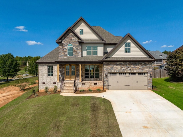 craftsman-style house with a porch, a front lawn, and a garage