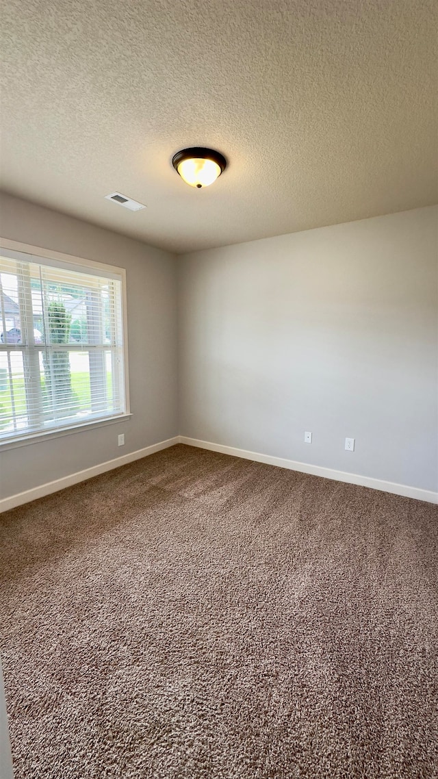 unfurnished room with a textured ceiling and carpet flooring