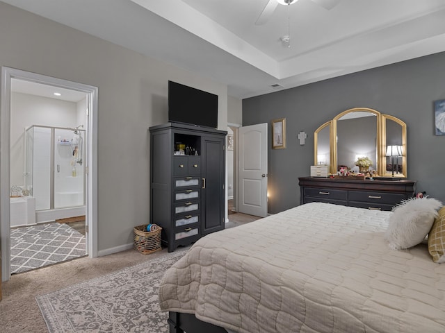 bedroom featuring carpet flooring, ceiling fan, and ensuite bathroom