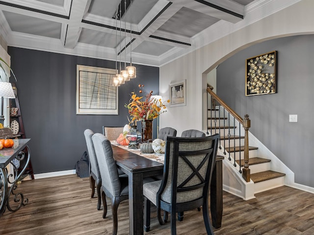 dining space with crown molding, dark hardwood / wood-style flooring, coffered ceiling, and a chandelier