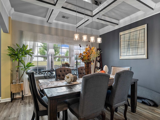 dining space with coffered ceiling, ornamental molding, beamed ceiling, and hardwood / wood-style flooring