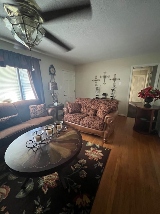 living room with a textured ceiling and hardwood / wood-style floors