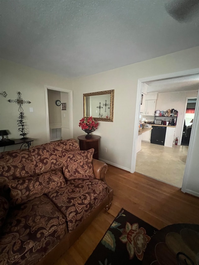 living room featuring a textured ceiling and wood-type flooring