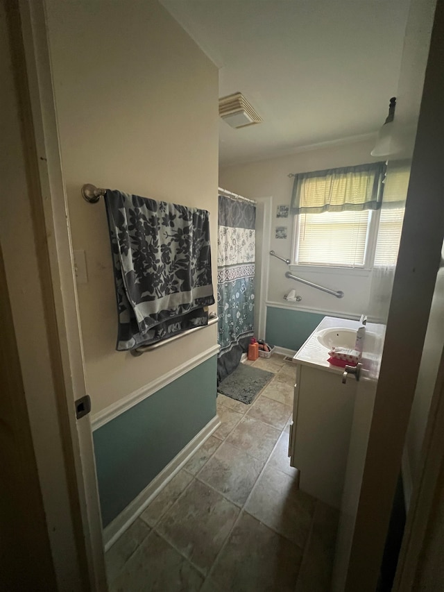 bathroom with vanity, separate shower and tub, and tile patterned flooring