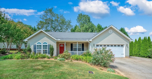 ranch-style home with a front lawn, a garage, and a porch