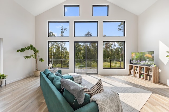 living room featuring light hardwood / wood-style flooring and high vaulted ceiling