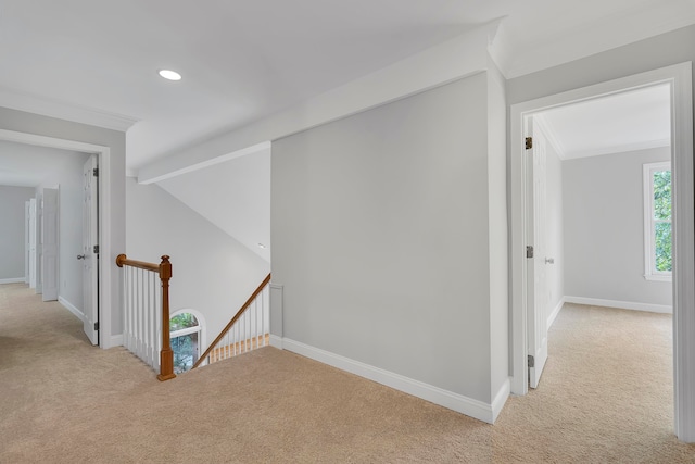 hallway with beam ceiling, crown molding, and light carpet