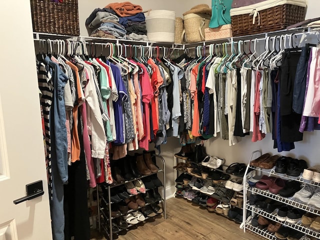 walk in closet with wood-type flooring