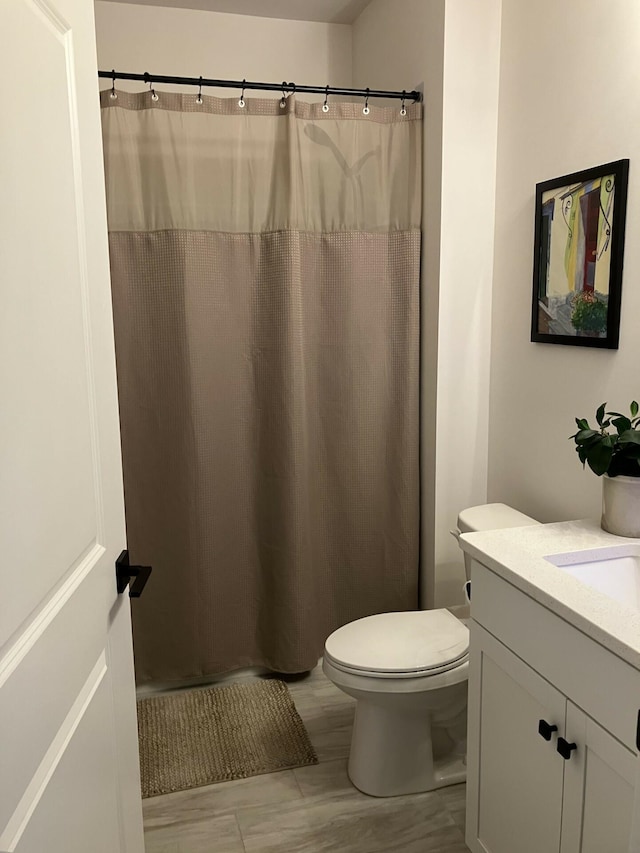 bathroom with vanity, toilet, and a shower with shower curtain