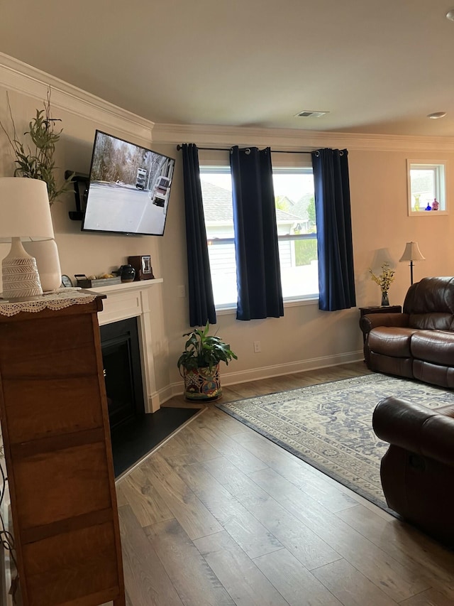 living room featuring ornamental molding and wood-type flooring