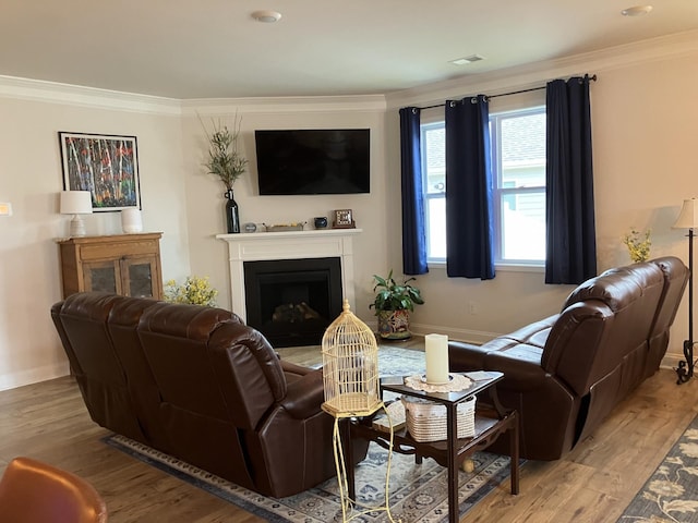 living room with light hardwood / wood-style floors and crown molding