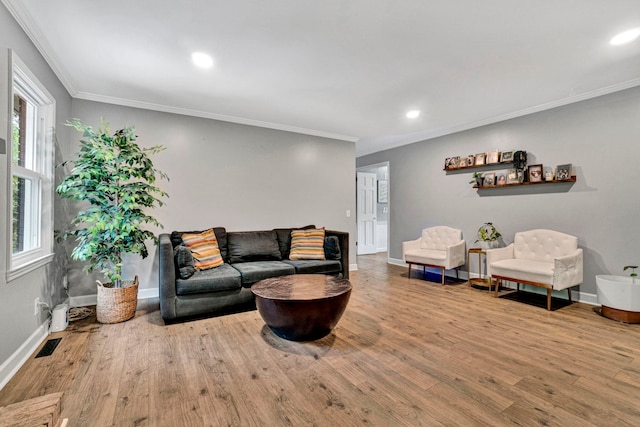 living room with ornamental molding, light hardwood / wood-style flooring, and plenty of natural light