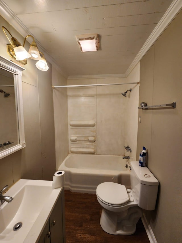 full bathroom featuring wood-type flooring, crown molding, shower / bathing tub combination, vanity, and toilet