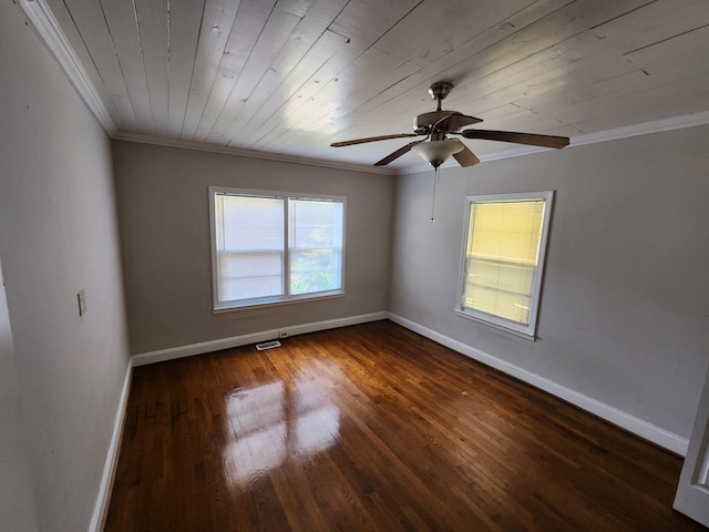 unfurnished room with ornamental molding, ceiling fan, and wooden ceiling